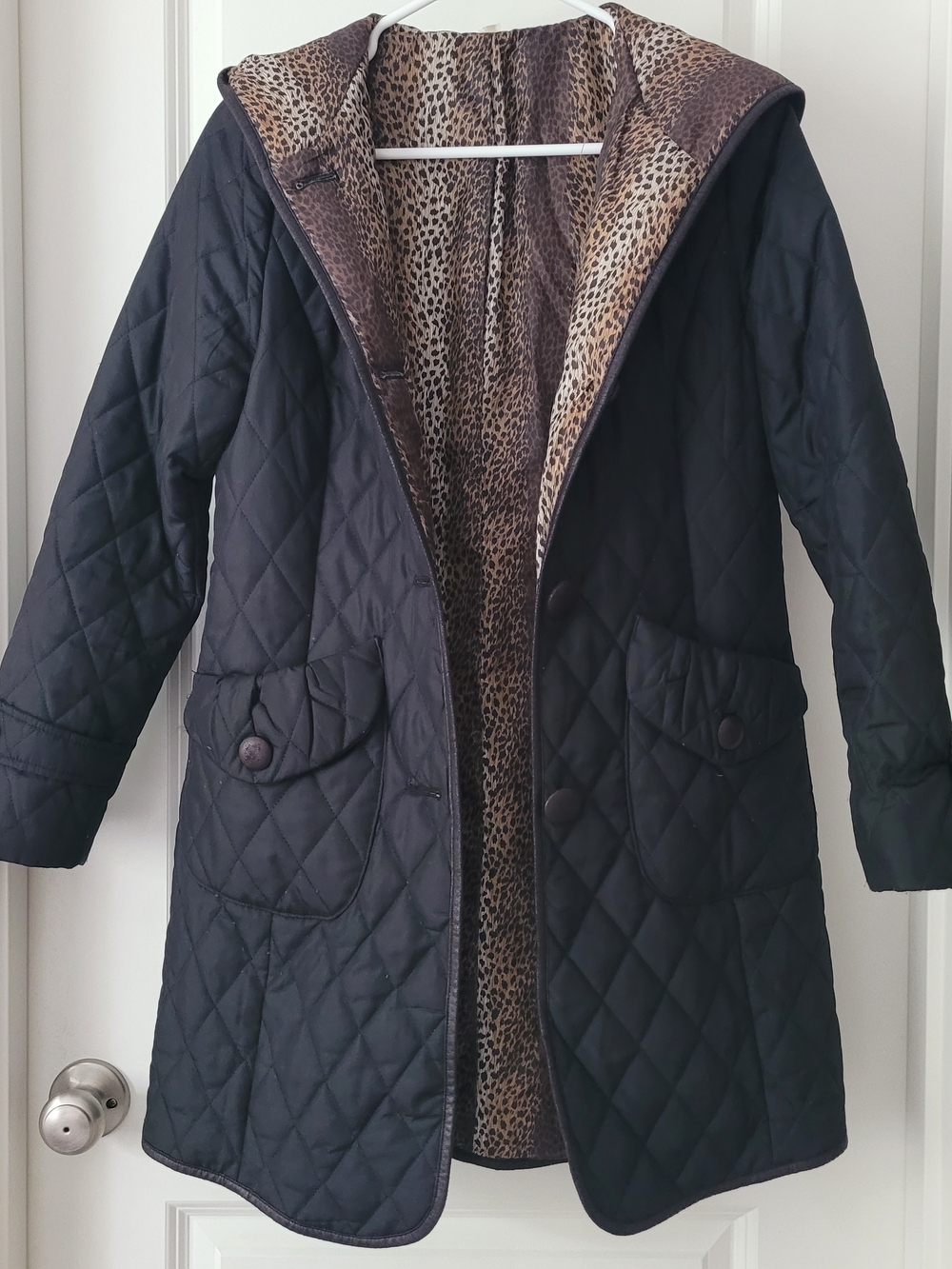 Quilted Hooded Coat with Leopard Print Lining - Black